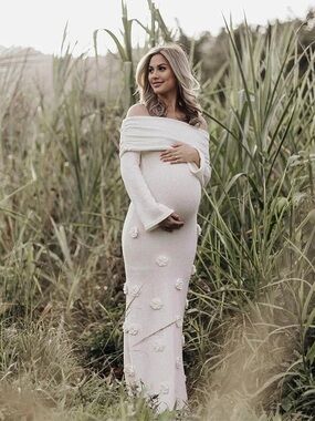 Off-Shoulder Long Sleeve Maternity Maxi Dress in Cream with Floral Appliqués